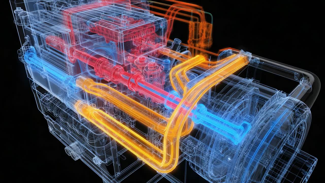 A Detailed Exploration of a Complex Engine Mechanism, Showcasing Intricate Components and Fluid Dynamics in a Stunning 3D Visualization