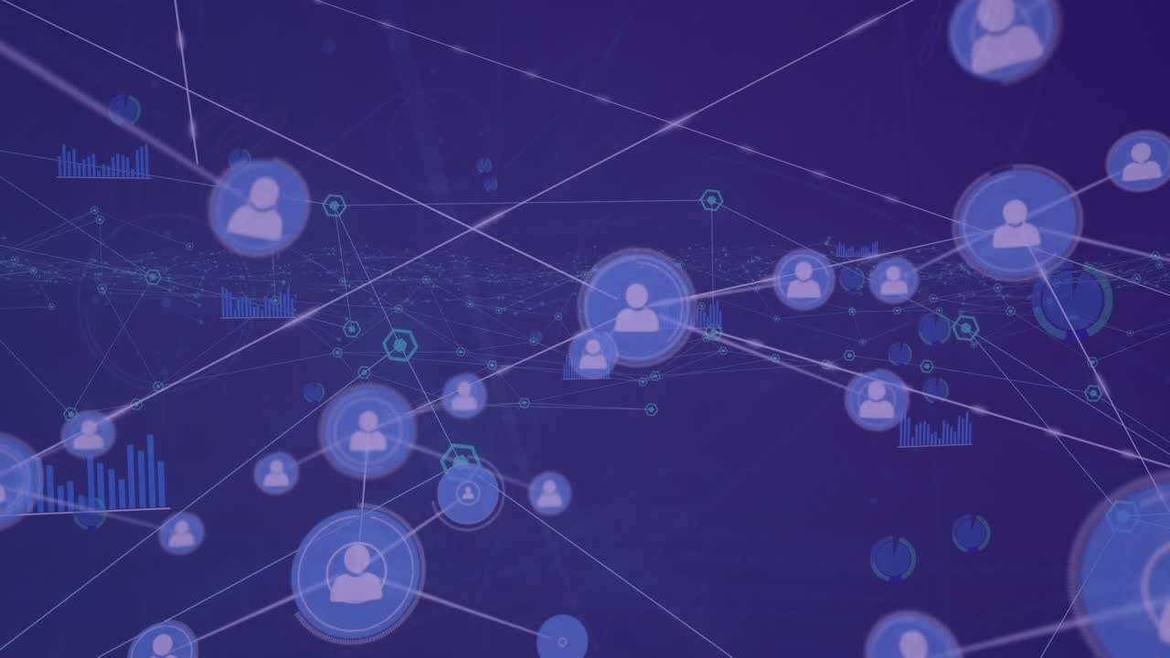 animación de la red de conexiones con iconos y procesamiento de datos sobre fondo negro