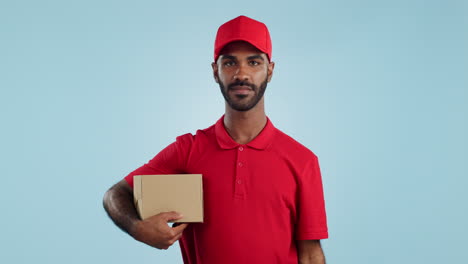 hombre feliz, caja y entrega en servicio de transporte