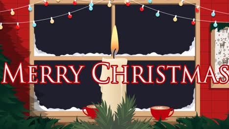 animation of merry christmas text over window and candle