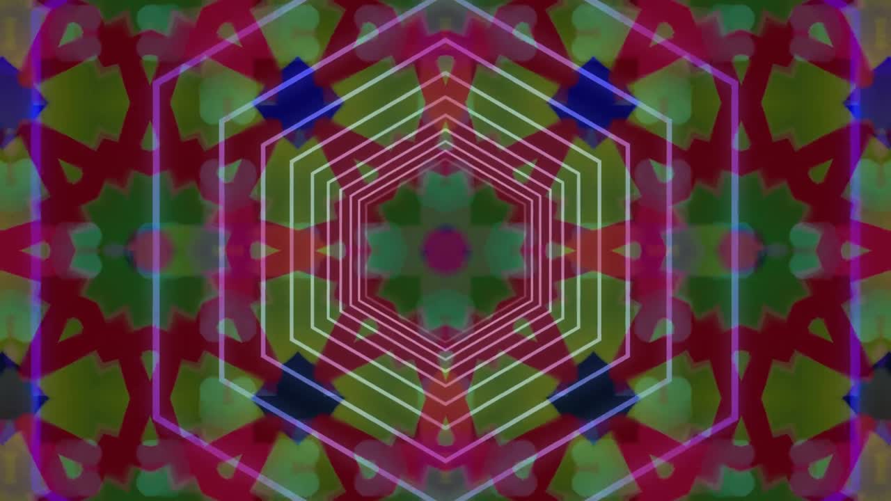 Múltiplas formas hexagonais movendo-se contra formas caleidoscópicas em movimento hipnótico