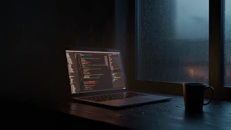enjoying a cozy coding session late at night while the rain softly taps against the window, with a warm cup of coffee by my laptop