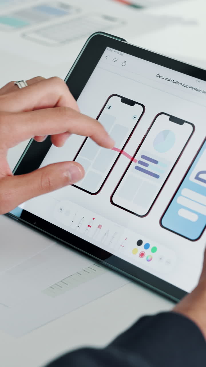 Hand Annotating Mobile App Design Mockup on Digital Tablet