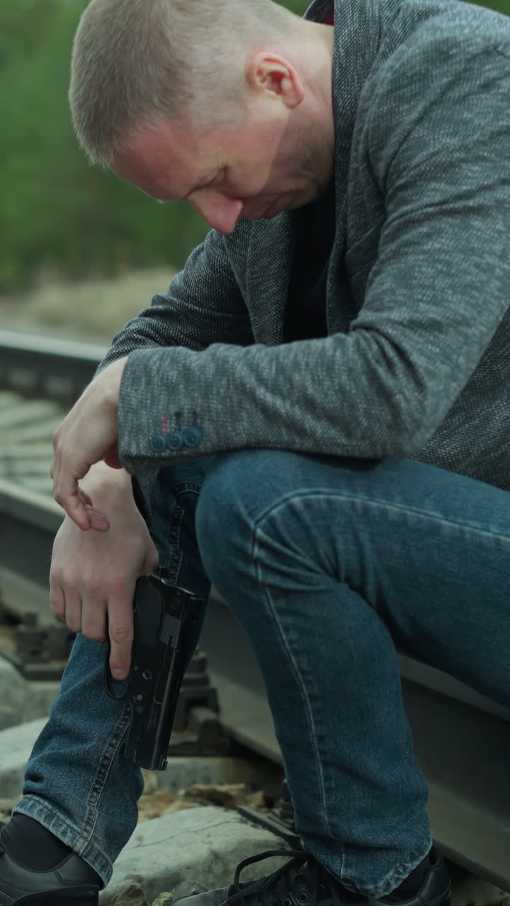 A close view of a man in a gray jacket, blue jeans, and canvas shoes, handling a handgun while sitting beside a railway track, the background shows a blurred view of a green forest