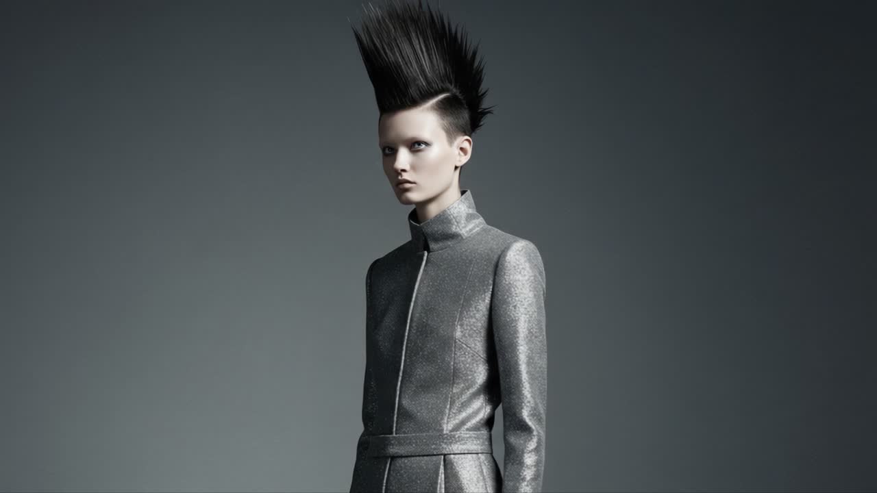 A Daring Fashion Statement: A Model with Dramatic Spiked Hair and Metallic Ensemble Capturing the Edgy Essence of Avant-Garde Style in a Contemporary Setting