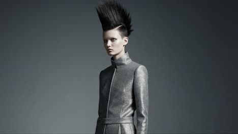 a daring fashion statement: a model with dramatic spiked hair and metallic ensemble capturing the edgy essence of avant-garde style in a contemporary setting