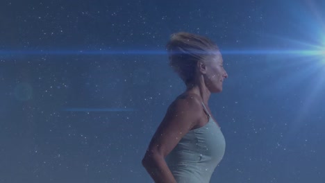 animation of caucasian woman running in nature with glowing blue light moving in the foreground