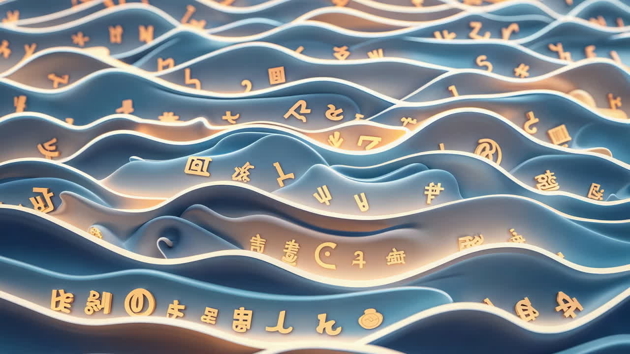Abstract Wavy Surface with Golden Symbols and Characters
