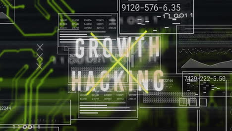 animation of growth hacking and interfaces with data processing against microprocessor connections