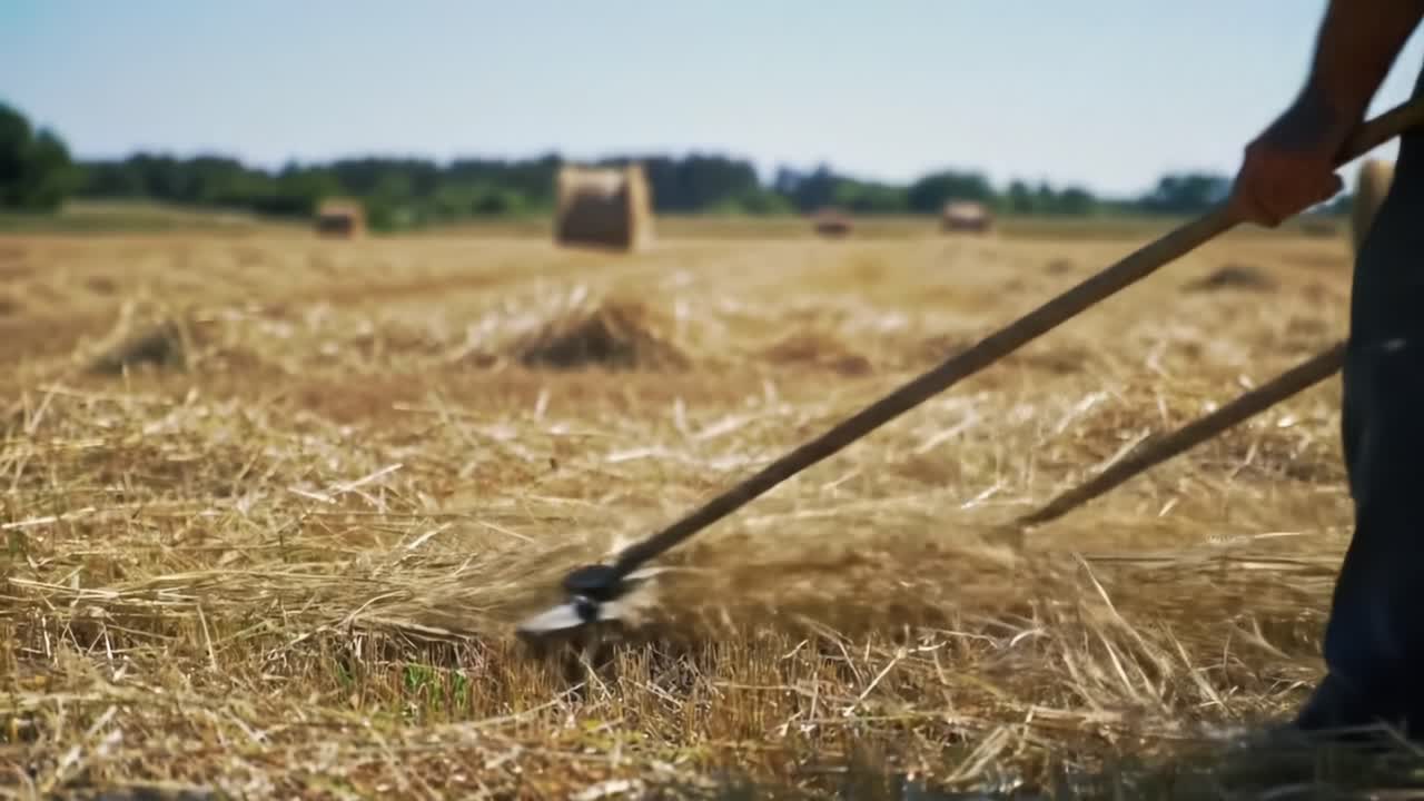 Harvesting Straw in a Sunny Field With Traditional Tools During Late Summer