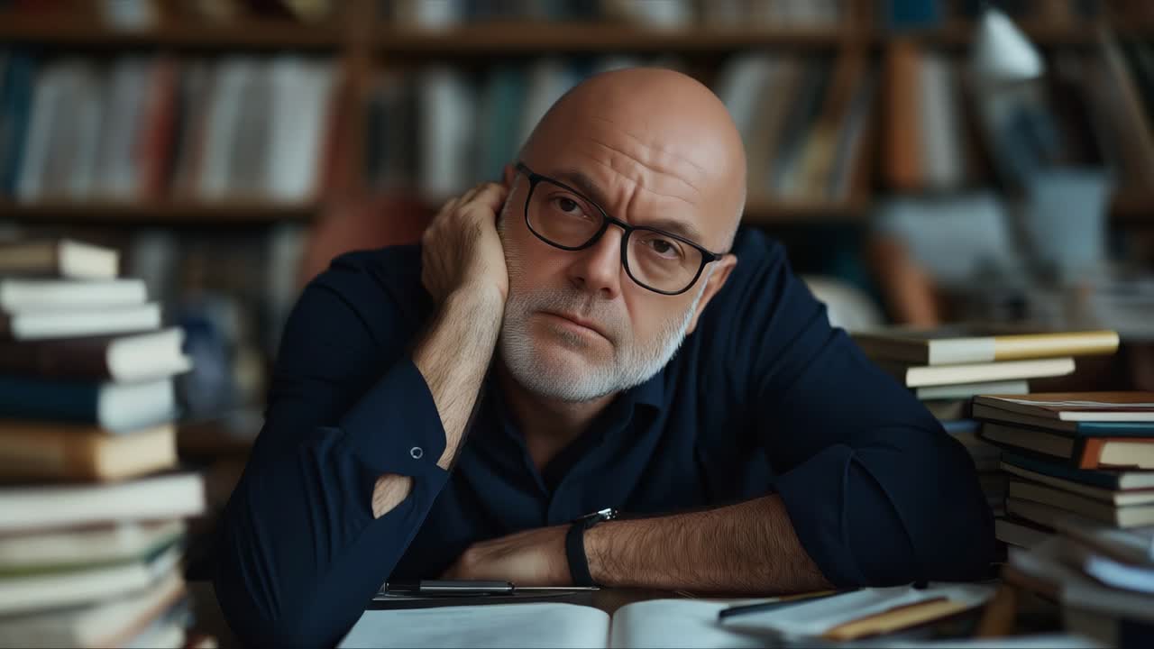 Tired Man Asleep on Desk in Library