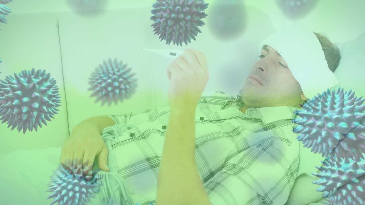 Animación de células de virus sobre un hombre caucásico enfermo con termómetro