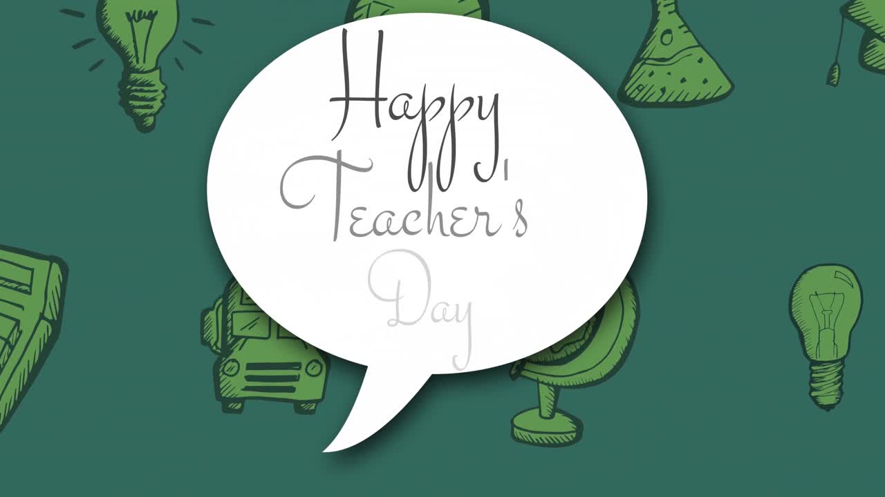 Animation of happy teachers day text over school items icons