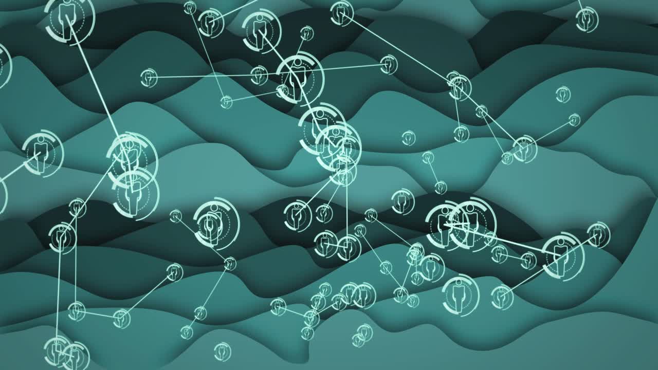 Cyan circle cluster appearing triggers network expanding over layered teal waves showing connection