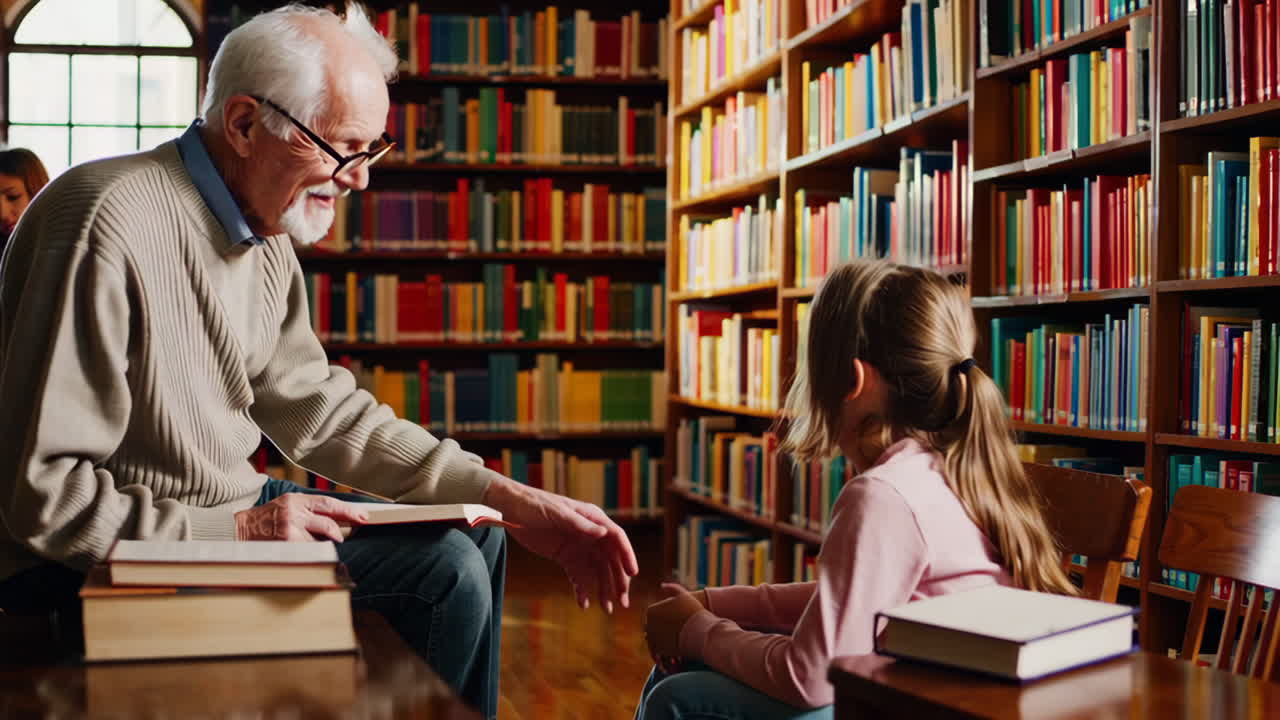 Grandparent and child reading in a library