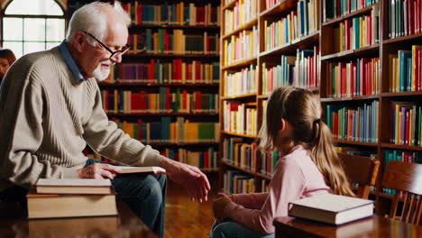 grandparent and child reading in a library