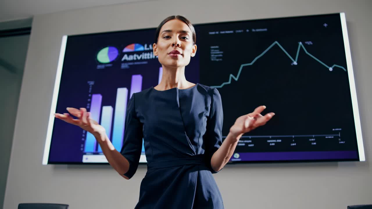 A businesswoman presents data on a screen, captured from a low-angle shot, emphasizing her authority