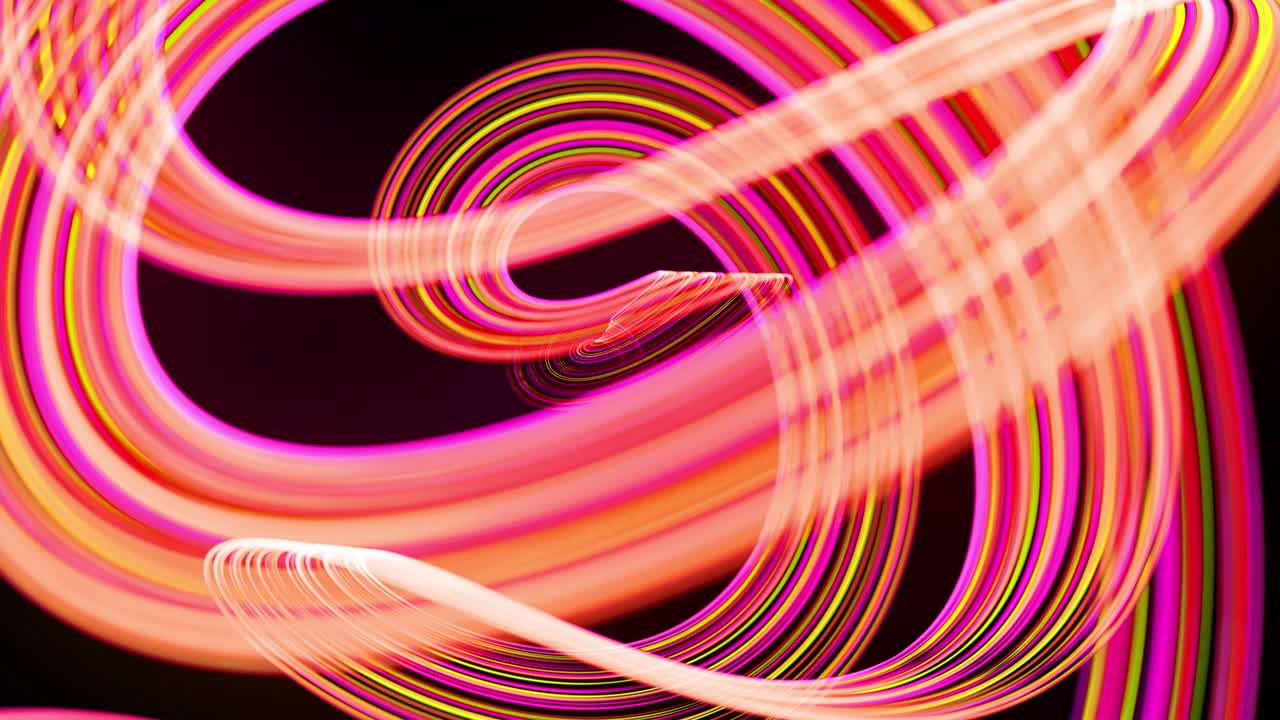 Light flow bg in 4k. Abstract looped background with light trails, stream of green red yellow neon lines in space move to form spiral shapes. Modern trendy motion design background light effect