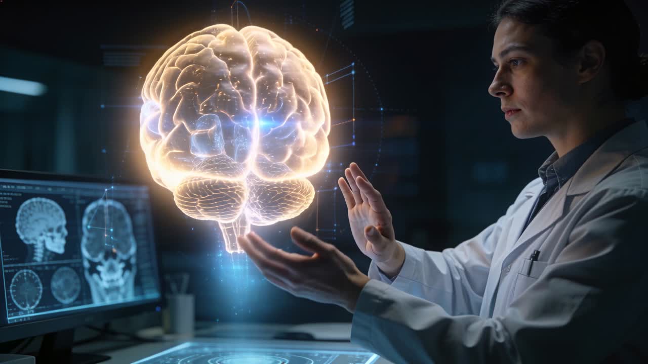 Woman scientist holding 3D brain, moving right hand closer, isolating pulsing regions for diagnosis