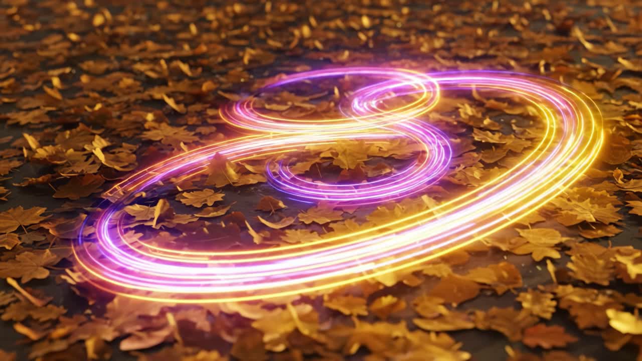 A Spiraling Glow of Light Trail in the Midst of Autumn Leaves: Captivating Visual of a Vibrant 3D Symbol Amidst a Bed of Golden Foliage