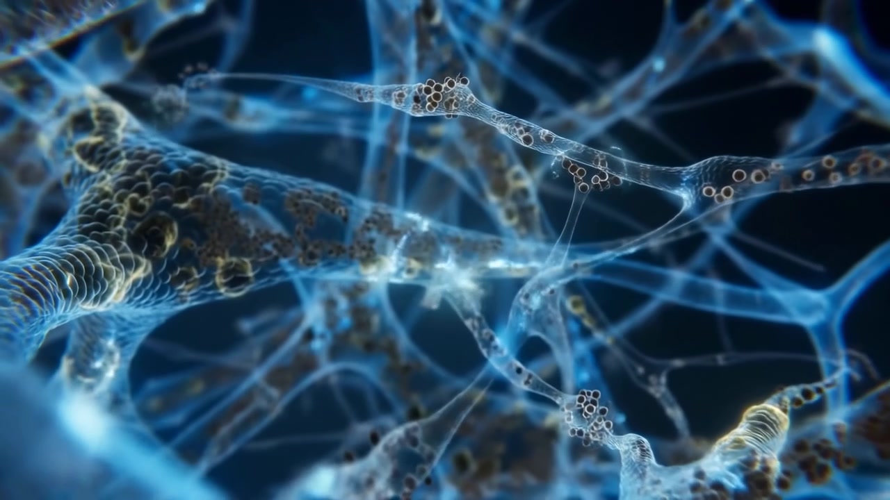Abstract microscopic scene of translucent blue organic filaments and branching connections forming a neural-like network against a dark background, with soft