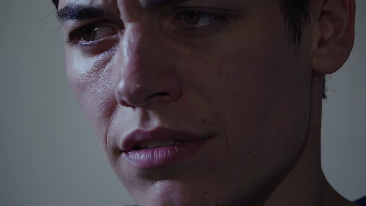 Close-up video shot of a pensive man with dramatic lighting, highlighting intense emotions