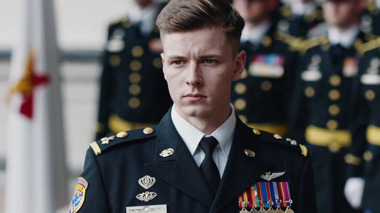 Young Military Soldier in Uniform at Ceremony