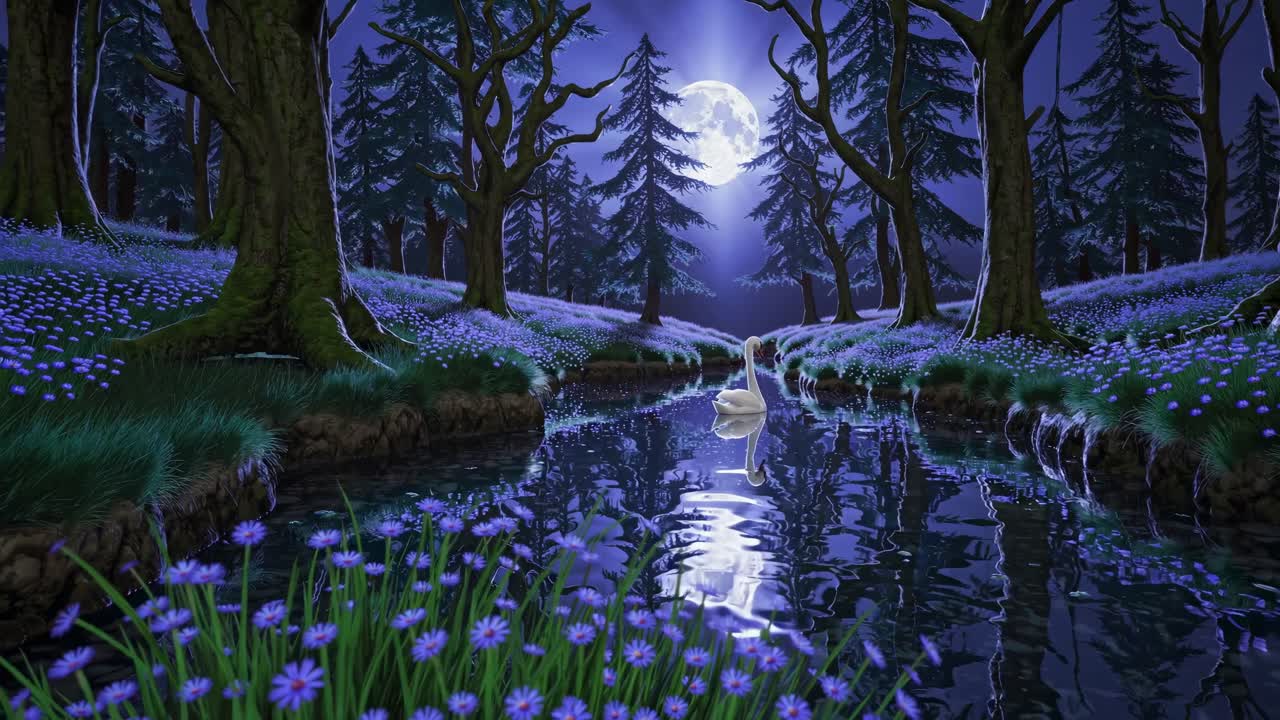 Foresta al chiaro di luna con cigno