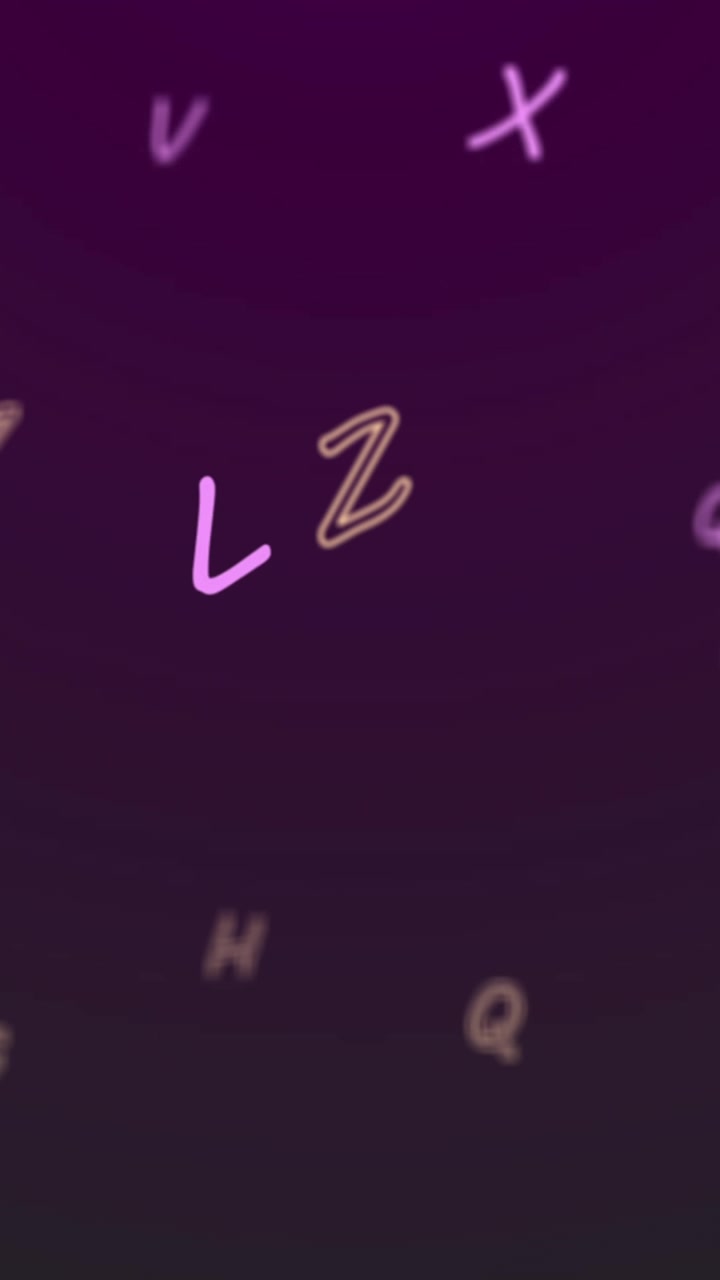 Animazione digitale di più lettere dell'alfabeto che fluttuano e si muovono su sfondo viola