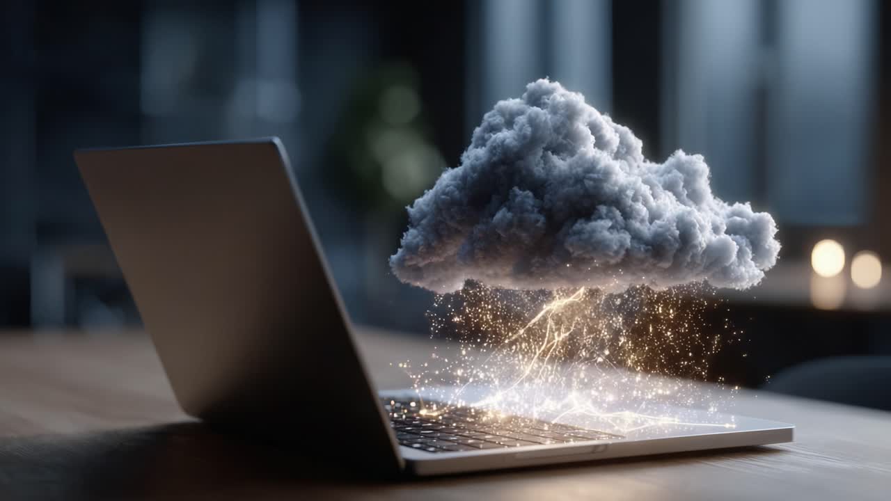A Surreal Representation of a Cloud Emerging from a Laptop, Symbolizing Digital Transformation and the Interplay Between Technology and Nature