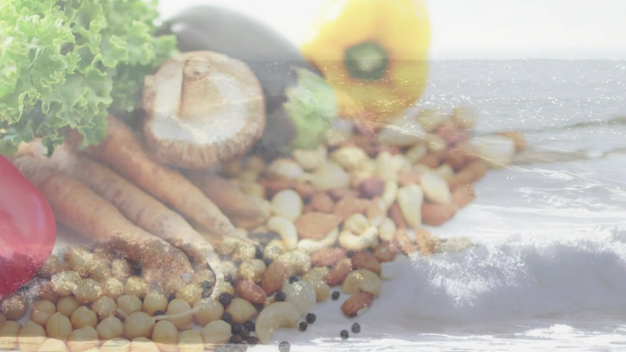 Food still life blending beans mushroom pepper with waves driving opacity shifts for food marketing
