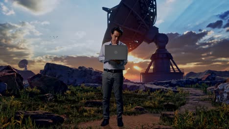 full body of an asian male professional worker standing with his laptop with large satellite dish, he is nodding his head with dissapionted
