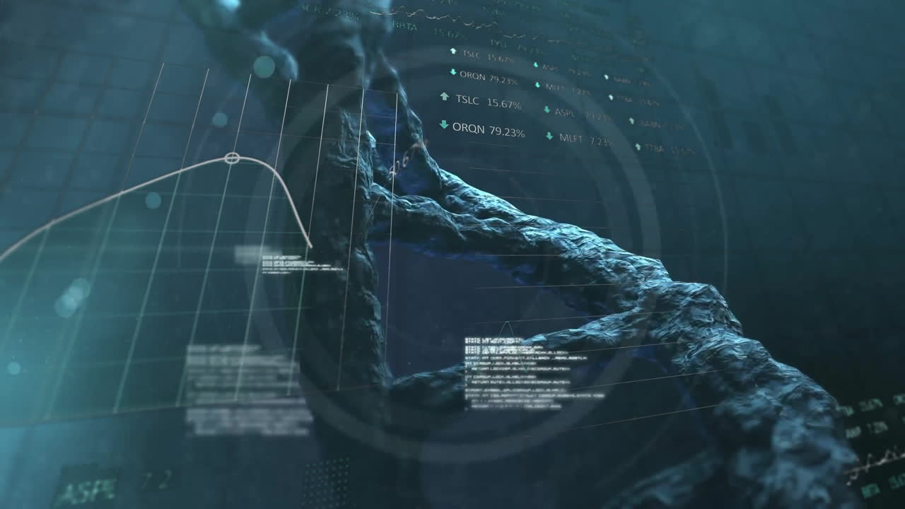 어두운 배경에서 dna 사슬을 통해 스 스캔과 데이터 처리의 애니메이션