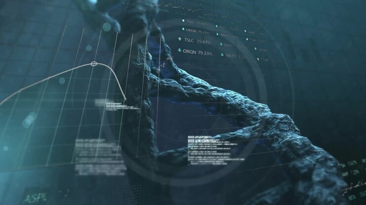 Animation of scope scanning and data processing over dna chain on dark background