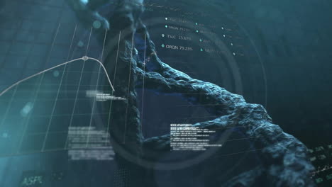 animación de escaneo de alcance y procesamiento de datos sobre cadena de adn en fondo oscuro