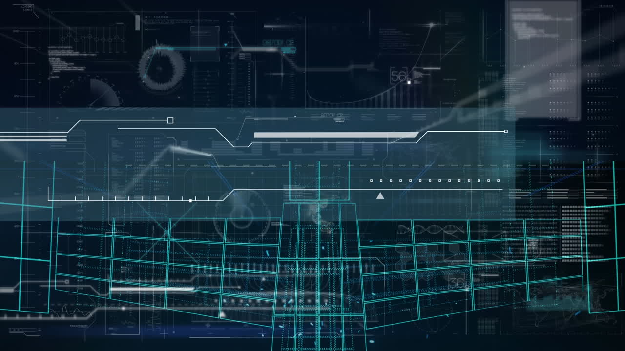 Digital animation of computer interface with data processing against blue background