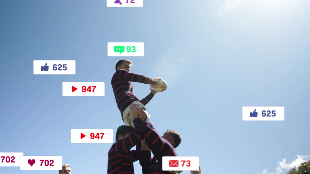 Lifting teammate, rugby players with animation of social media notifications