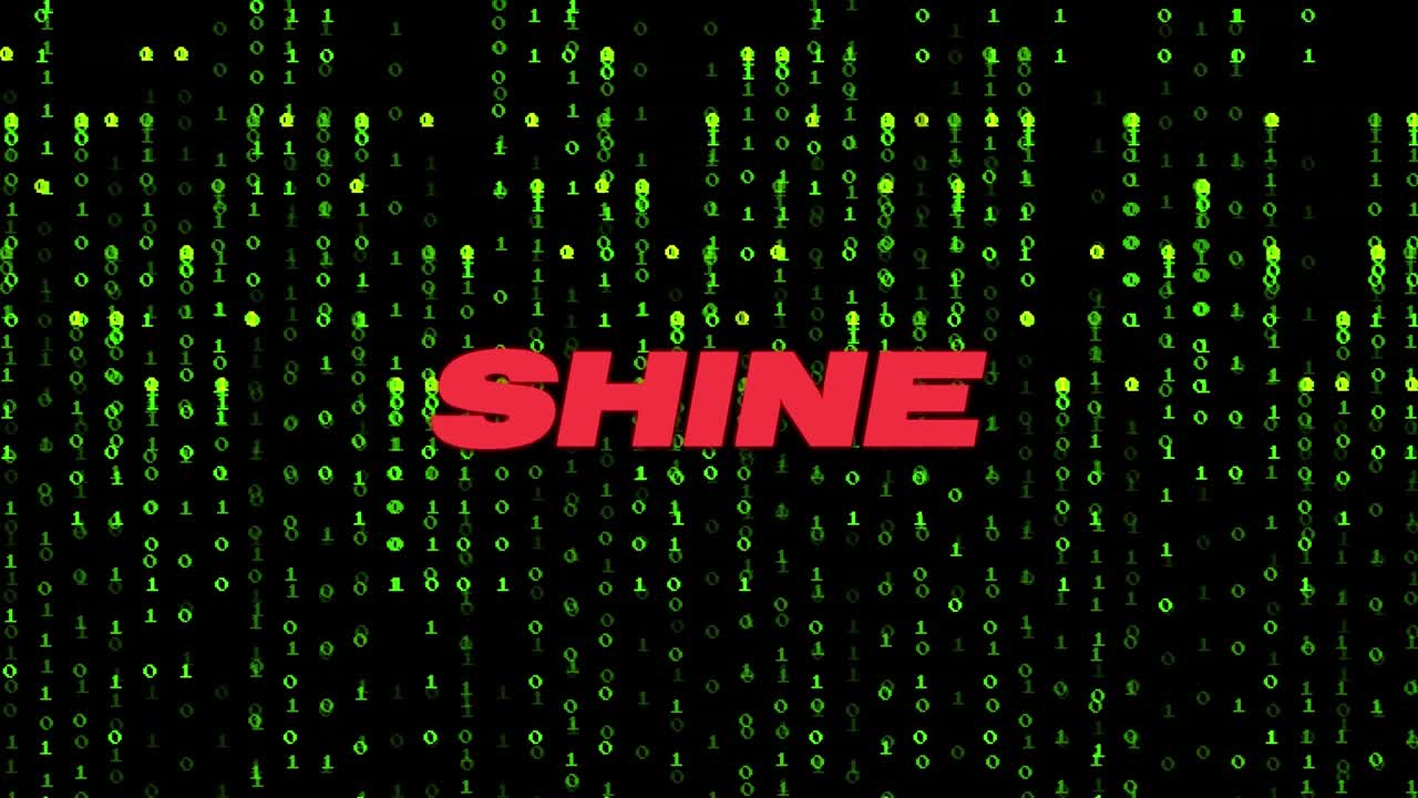 The animation shows green binary code data processing over a transparent background