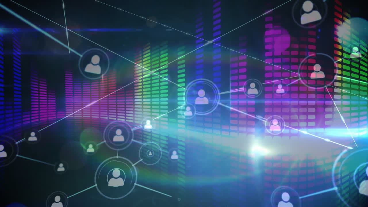 red de conexiones y animación de procesamiento de datos a través de ondas sonoras coloridas