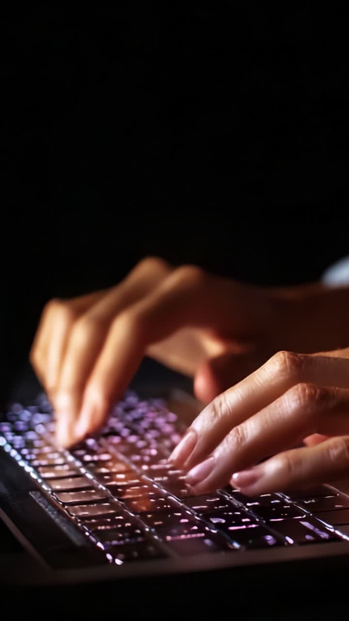 Focused Hands Typing on a Backlit Keyboard in a Dark Setting, Emphasizing Technology and Digital Communication in the Modern Online World