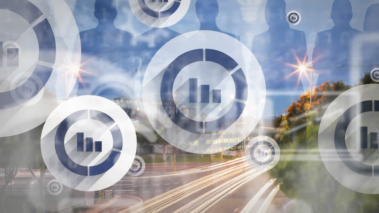 도시 풍경 배경 위의 디지털 아이콘의 애니메이션