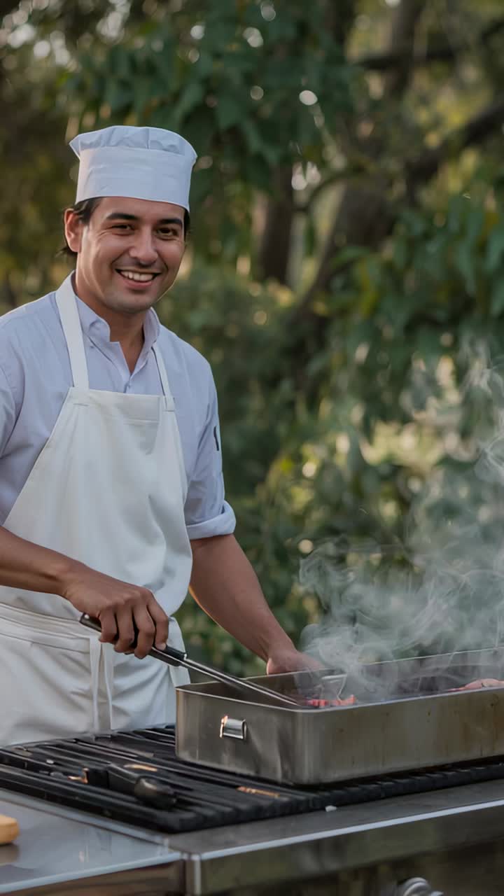 Video verticale: chef fumatore con cappello e grembiule che gira la carne in padella con le pinze sulla griglia in giardino