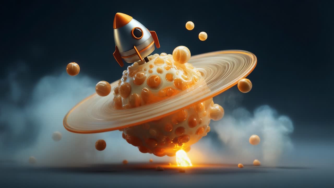A whimsical rocket emerges from a textured, cosmic-looking planet with swirling rings and floating spheres, capturing the imagination of space exploration and creativity