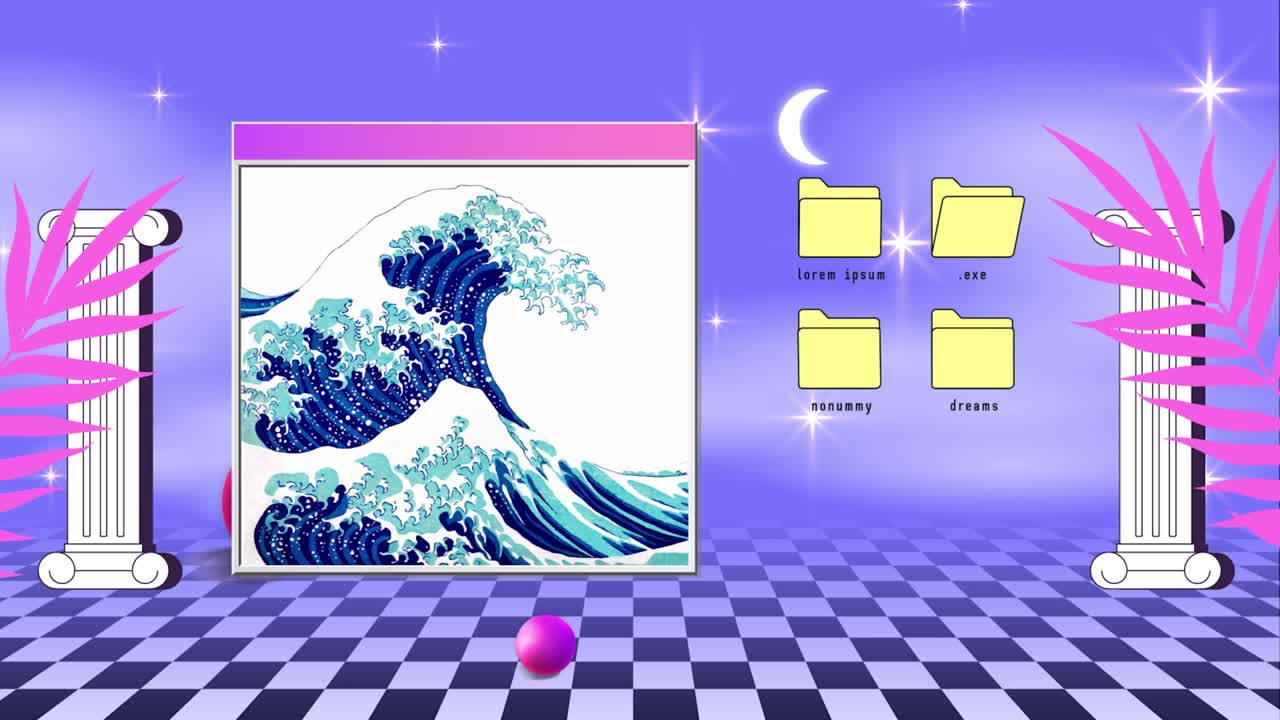 Retro Vaporwave Poster With User Interface Elements and Cartoon Wave Illustration. Trendy Old Aesthetic Background. 2D Animation.