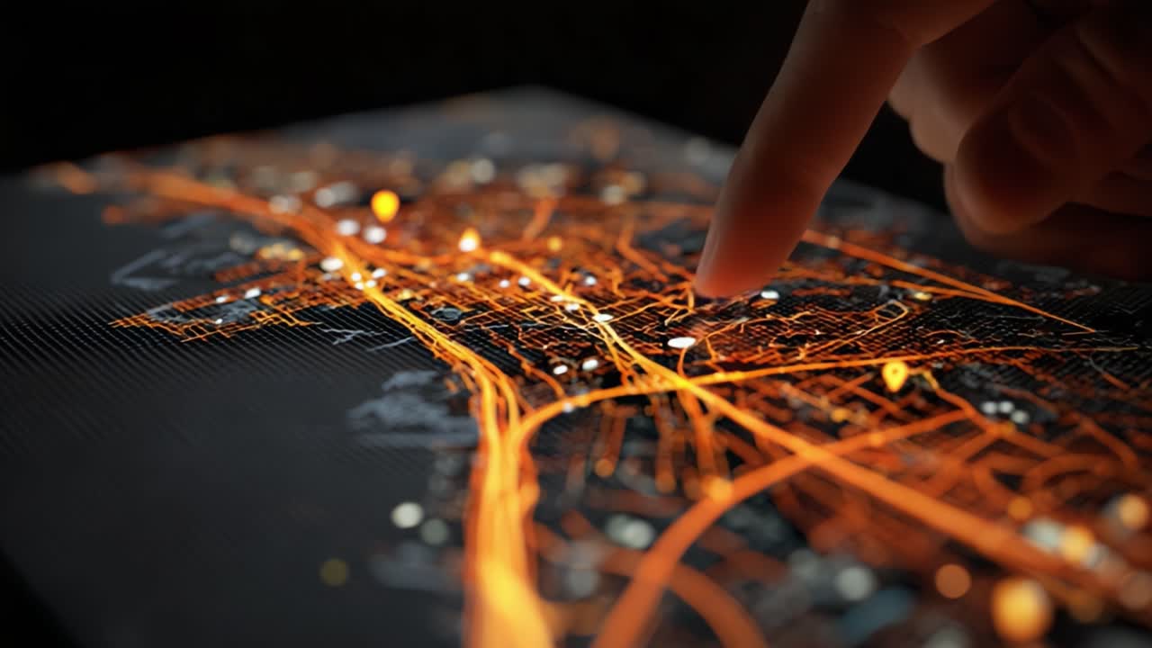 An Interactive Touch on a Digital City Map Displaying Bright Pathways and Data Points, Capturing the Essence of Urban Navigation and Technology