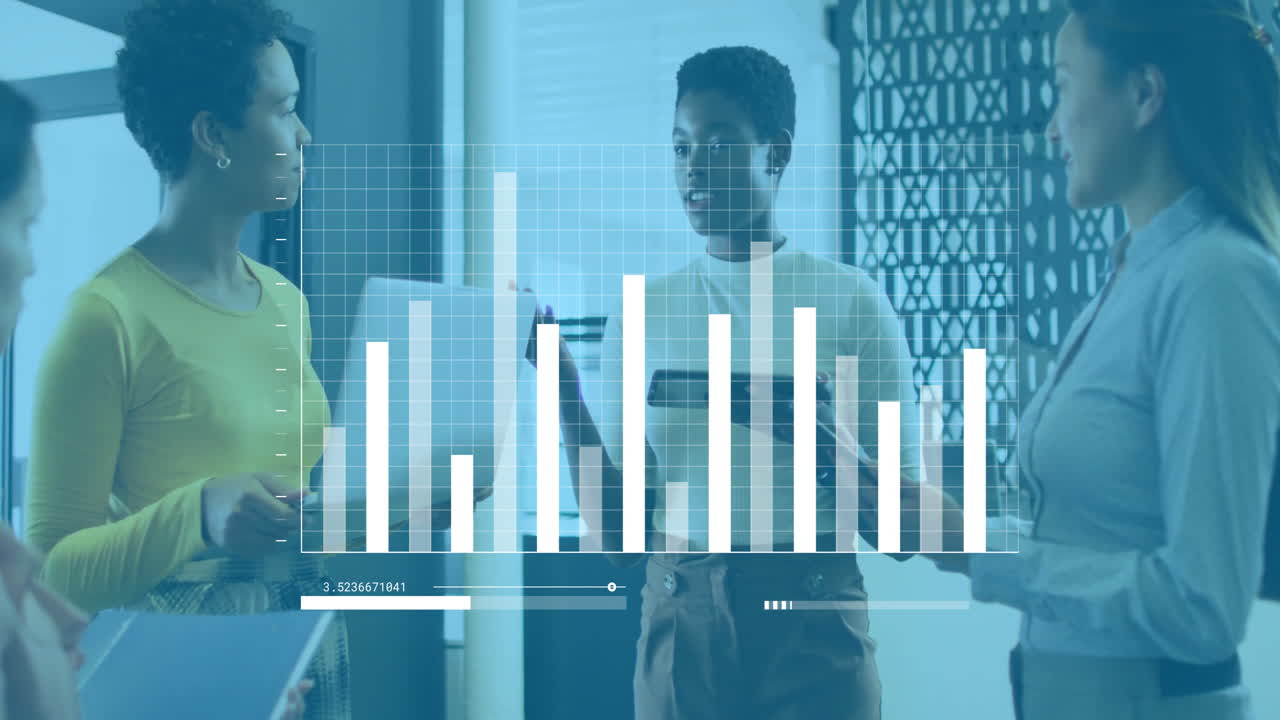 Animation of financial data processing over diverse colleagues discussing work in office
