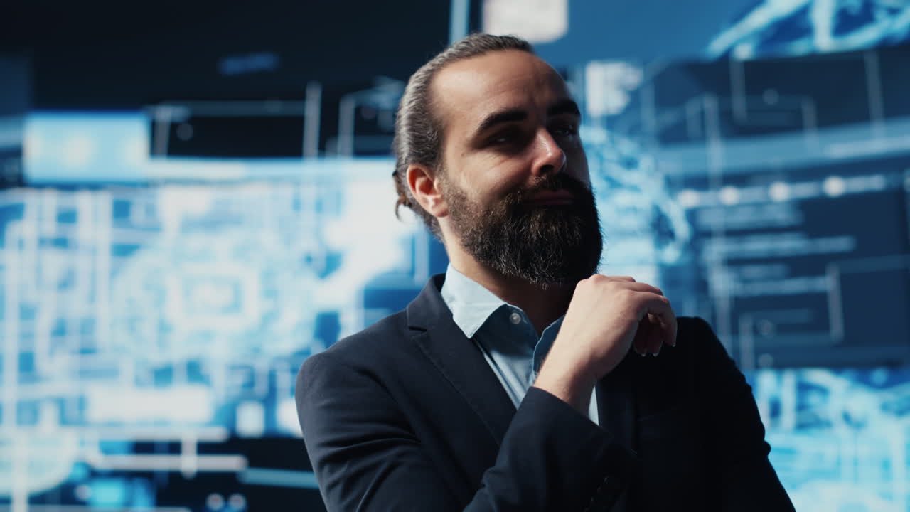 Young businessman reviews artificial intelligence neural networks on dashboard