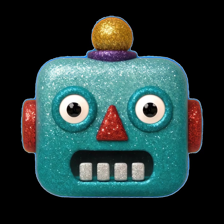 Testa di robot giocattolo scintillante animata che lampeggia su sfondo nero