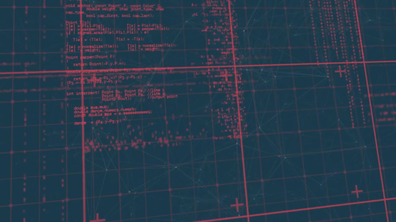 Magenta grid opening triggers code appearing scrolling and vanishing with particles showing data