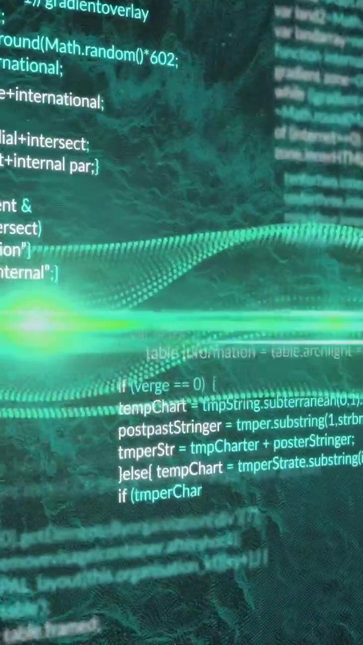 Animation of wave pattern and computer language with dynamic waves over black background